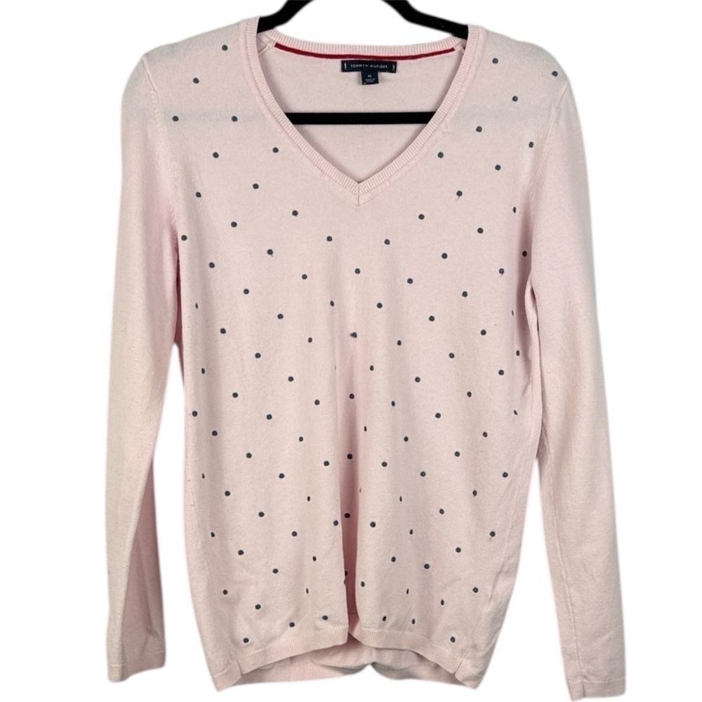 Tommy Hilfiger Pink Blue Dot Cotton Blend Long Sleeve V-Neck Medium Sweater